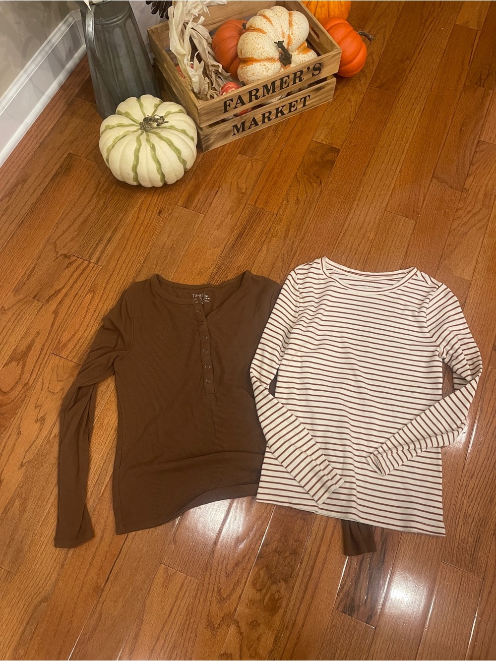 Time and Tru Women's Fall Long Sleeve Brown and Stripe Blouses Shirts Size S M